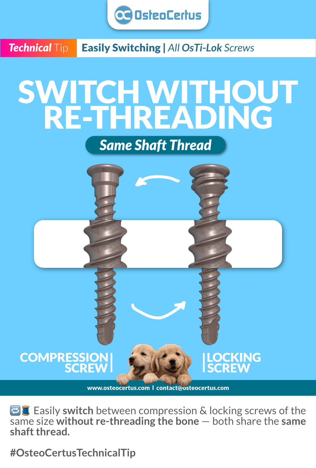 CS on the left has a non-threaded head; LS on the right has a threaded locking head. Both have the same cortical shaft thread design for the same diameter.