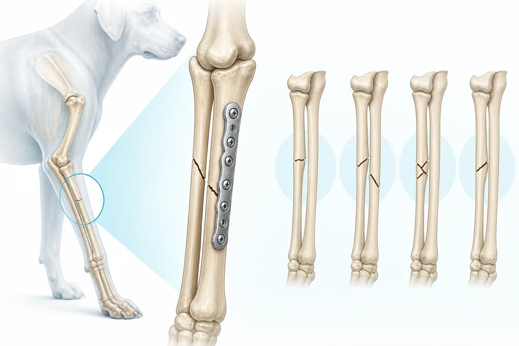 Canine radius and ulna fracture patterns with locking plate repair illustration