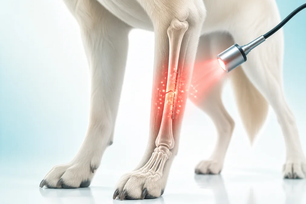 Photobiomodulation applied to a healing canine tibial fracture illustration